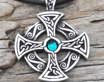 Pewter SOLAR CROSS Swarovski Crystal Celtic Druid Irish Emerald Green MAY Birthstone Pendant