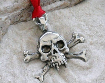 Pewter Skull and Crossbones Gothic Pirate Biker Christmas Ornament and Holiday Decoration (23E)