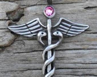Pewter Caduceus Medical Nurse RN DR Snake Rod Pendant with Swarovski Crystal Pink Tourmaline OCTOBER Birthstone (35A)