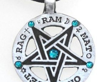 Pewter Inverted Pentagram Tetragrammaton Runes Pendant with Swarovski Crystal Blue Topaz DECEMBER Birthstones (55C)