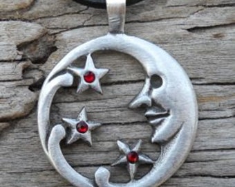 Pewter Moon Face and Stars Lunar Celestial Pagan Pendant with Swarovski Crystal Red Garnet JANUARY Birthstone (39E)