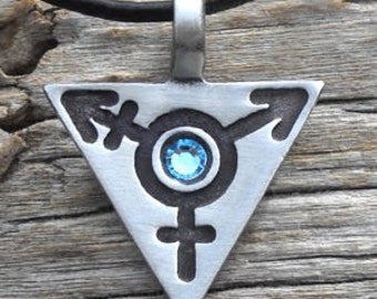 Pewter Transgender LGBT Gay Pride Triangle Pendant with Swarovski Crystal Aquamarine Blue MARCH Birthstone (306)