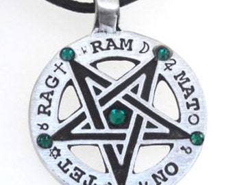 Pewter Inverted Pentagram Tetragrammaton Runes Pendant with Swarovski Crystal Emerald Green MAY Birthstones (55C)
