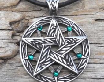 Pewter Double Pentagram Celtic Pagan Pentacle Pendant with Swarovski Crystal Emerald Green MAY Birthstone (56I)