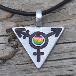 Pewter Transgender LGBT Gay Pride Triangle Pendant with RAINBOW Austrian Crystal 306 image 1