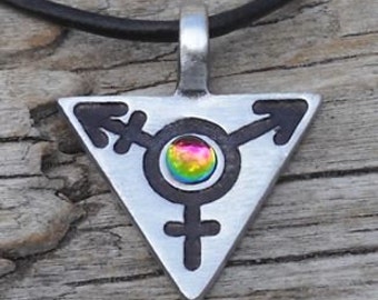 Pewter Transgender LGBT Gay Pride Triangle Pendant with RAINBOW Austrian Crystal (306)