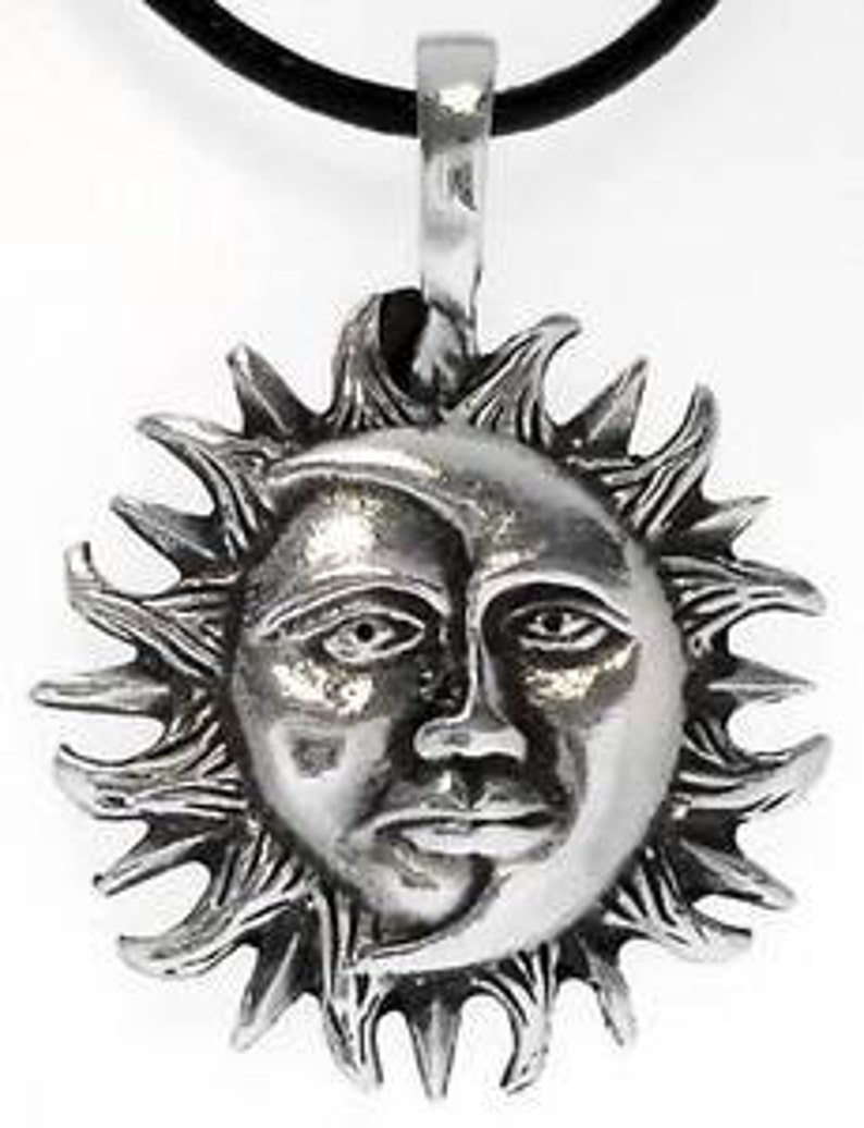 Pewter Sun Moon Face Lunar Solar Celestial Pagan Pendant 21E image 1