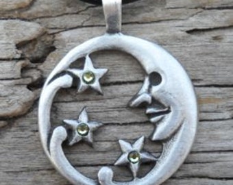 Pewter Moon Face and Stars Lunar Celestial Pagan Pendant with Swarovski Crystal Green Peridot AUGUST Birthstone (39E)