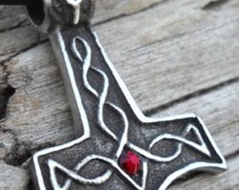 Pewter Thor's Hammer Mjolnir Norse Viking Pendant with Swarovski Crystal Red Garnet JANUARY Birthstone (39K)