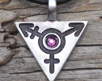 Pewter Transgender LGBT Gay Pride Triangle Pendant with Swarovski Crystal Purple Amethyst FEBRUARY Birthstone (306)