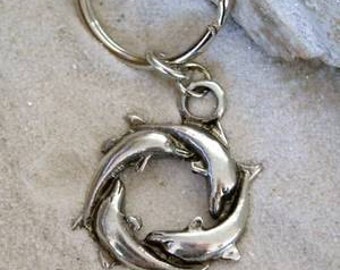 Pewter Dolphin Circle Porpoise Keychain Key Ring (32G-KC)