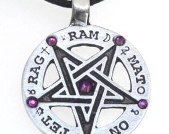 Pewter Inverted Pentagram Tetragrammaton Runes Pendant with Swarovski Crystal Purple Amethyst FEBRUARY Birthstones (55C)