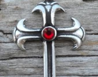 Pewter Cross Christian Gothic Pendant with Swarovski Crystal Red Garnet JANUARY Birthstone (302)