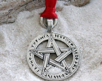 Pewter Pentagram Pagan Wiccan Pentacle with Ancient Runes Christmas Ornament and Holiday Decoration (50G)