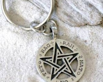 Pewter Pentagram Pagan Pentacle Tetragrammaton Runes Keychain (55H)