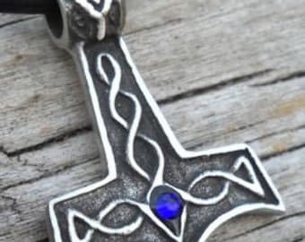 Pewter Thor's Hammer Mjolnir Norse Viking Pendant with Swarovski Crystal Blue Sapphire SEPTEMBER Birthstone (39K)