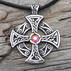 PEWTER Celtic SOLAR CROSS Druid Irish PERIDOT Crystal AUGUST Birthstone Pendant