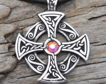 Pewter SOLAR CROSS Swarovski Crystal Celtic Druid Irish Aurora Borealis APRIL Birthstone Pendant