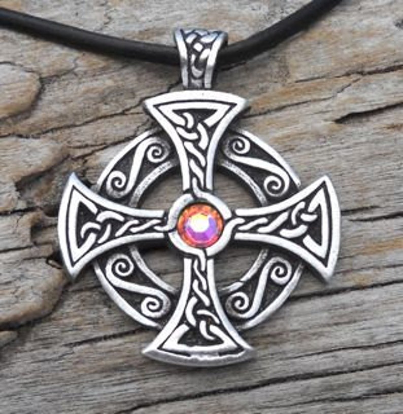 Pewter SOLAR CROSS Swarovski Crystal Celtic Druid Irish Aurora Borealis APRIL Birthstone Pendant image 1