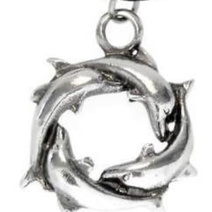 Puede incluir: Collar con colgante de plata con un c&iacute;rculo de cuatro delfines entrelazados. Los delfines miran hacia afuera y tienen un acabado liso y pulido.
