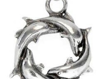 Pewter Dolphin Circle Porpoise Pendant on Leather Necklace (32G)