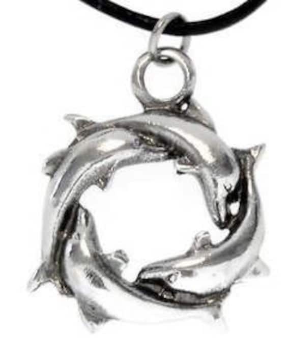 Pewter Dolphin Circle Porpoise Pendant on Leather Necklace (32G)