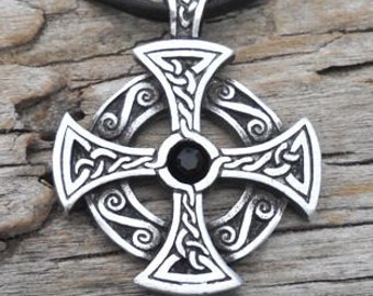 Pewter SOLAR CROSS Swarovski Black Onyx Crystal Pendant, Celtic Druid Irish Gothic Amulet