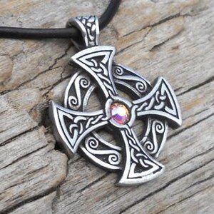 Pewter SOLAR CROSS Swarovski Crystal Celtic Druid Irish Aurora Borealis APRIL Birthstone Pendant image 2