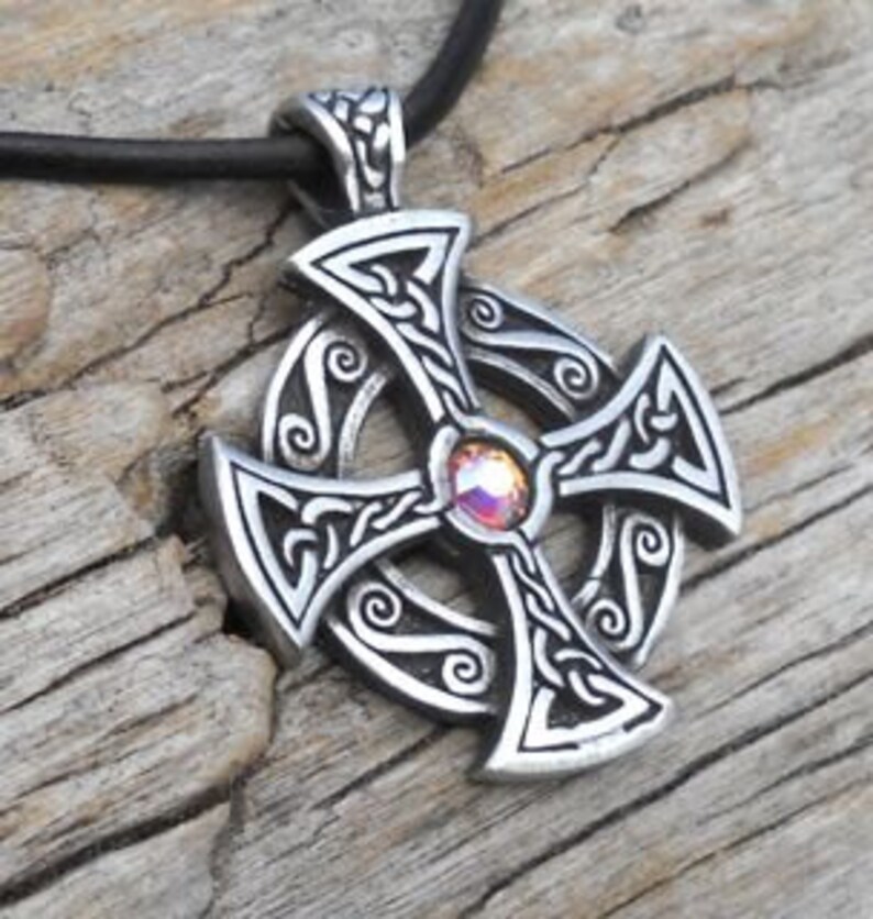 Pewter SOLAR CROSS Swarovski Crystal Celtic Druid Irish Aurora Borealis APRIL Birthstone Pendant image 2