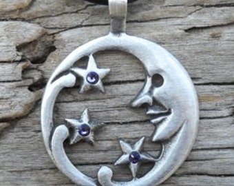 Pewter Moon Face and Stars Lunar Celestial Pagan Pendant with Swarovski Crystal Lavender Tanzanite JUNE Birthstone (39E)