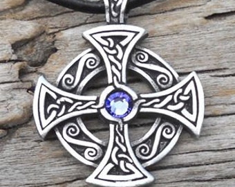 Pewter SOLAR CROSS Swarovski Crystal Celtic Druid Irish Lavender Tanzanite JUNE Birthstone Pendant