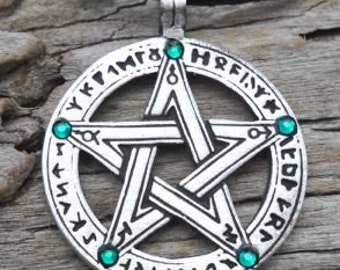 Pewter Pentagram Swarovski Crystal Pendant, Pagan Wiccan Pentacle with Runes and Emerald Green MAY Birthstone (50G)