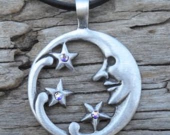 Pewter Moon Face and Stars Lunar Celestial Pagan Pendant with Swarovski Crystal Aurora Borealis APRIL Birthstone (39E)