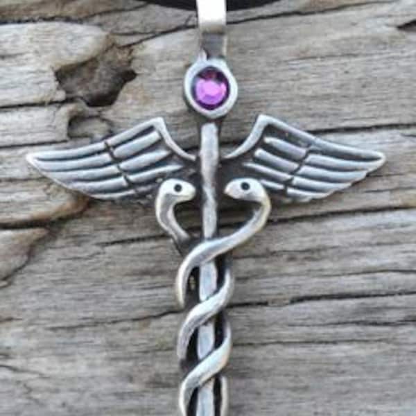 Pewter Caduceus Medical Nurse RN DR Snake Rod Pendant with Swarovski Crystal Purple Amethyst FEBRUARY Birthstone (35A)