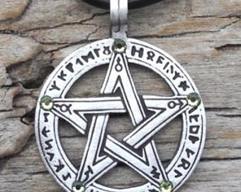 Pewter Pentagram Swarovski Crystal Pendant, Pagan Wiccan Pentacle with Runes and Peridot AUGUST Birthstone (50G)