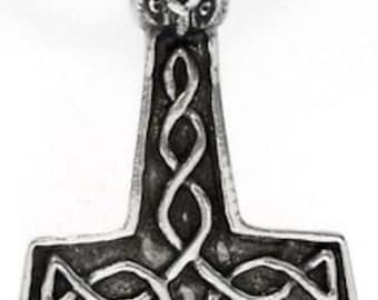 Zinn Thors Hammer Mjölnir nordischer Wikinger Anhänger an Lederkette (39K)