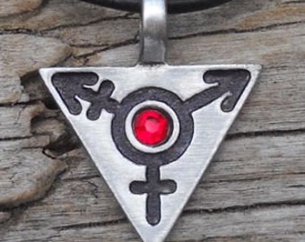 Pewter Transgender LGBT Gay Pride Triangle Pendant with Swarovski Crystal Ruby Red JULY Birthstone (306)