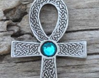 Pewter Ankh Egyptian Cross with Celtic Knots Pendant with Swarovski Crystal Blue Topaz DECEMBER Birthstone (31G)