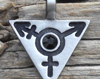 Pewter Transgender LGBT Gay Pride Triangle Pendant with Swarovski Black Onyx Crystal Pendant(306)