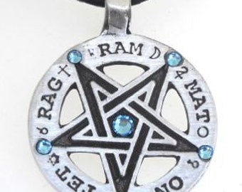 Pewter Inverted Pentagram Tetragrammaton Runes Pendant with Swarovski Crystal Aquamarine Blue MARCH Birthstones (55C)