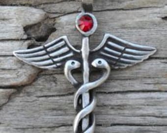 Pewter Caduceus Medical Nurse RN DR Snake Rod Pendant with Swarovski Crystal Red Garnet JANUARY Birthstone (35A)