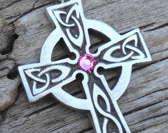 Pewter Celtic Cross Irish Wales Pendant with Swarovski Crystal Pink Tourmaline OCTOBER Birthstone (300)