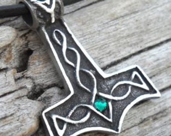 Pewter Thor's Hammer Mjolnir Norse Viking Pendant with Swarovski Crystal Emerald Green MAY Birthstone (39K)