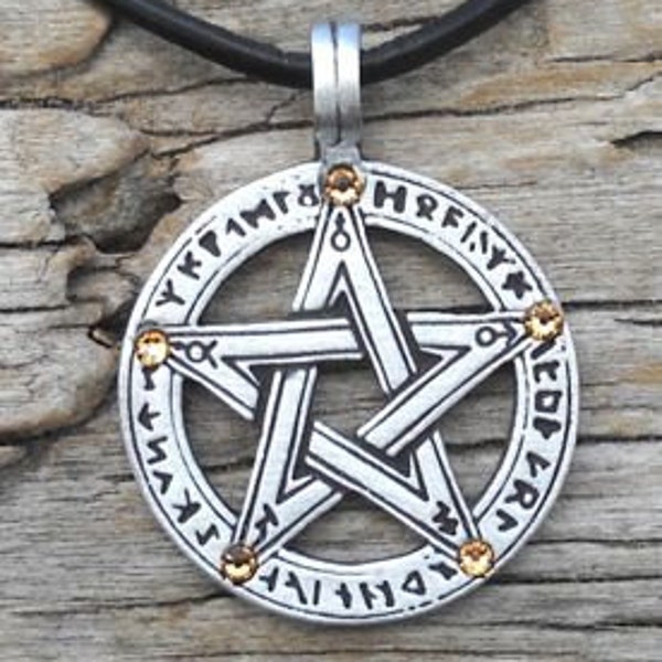 Pewter Pentagram Swarovski Crystal Pendant, Pagan Wiccan Pentacle with Runes and Gold Topaz NOVEMBER Birthstone (50G)