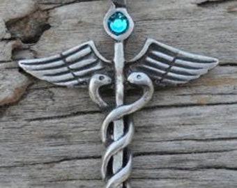 Pewter Caduceus Medical Nurse RN DR Snake Rod Pendant with Swarovski Crystal Blue Topaz DECEMBER Birthstone (35A)