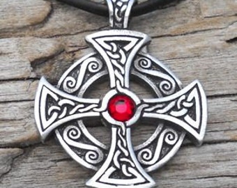 Pewter Solar Cross Swarovski Crystal Celtic Druid Irish Red Garnet JANUARY Birthstone Pendant (25B)