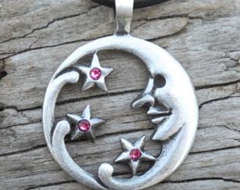 Pewter Moon Face and Stars Lunar Celestial Pagan Pendant with Swarovski Crystal Pink Tourmaline OCTOBER Birthstone (39E)