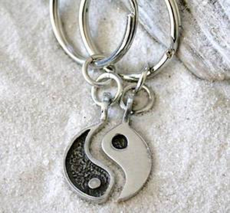 Pewter Yin Yang Chinese Taoism Yoga Namaste Meditation 2 piece Keychain Key Ring 54A-KC image 1