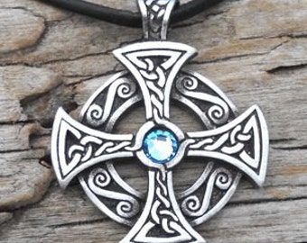 Pewter SOLAR CROSS Swarovski Crystal Celtic Druid Irish Aquamarine Blue MARCH Birthstone Pendant