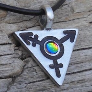 Pewter Transgender LGBT Gay Pride Triangle Pendant with RAINBOW Austrian Crystal 306 image 2